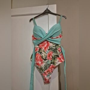 Floral One-Piece Swimsuit with Aqua Accents